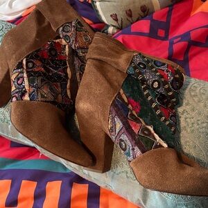Brown Suede Ankle Boots with Multicolor Pattern